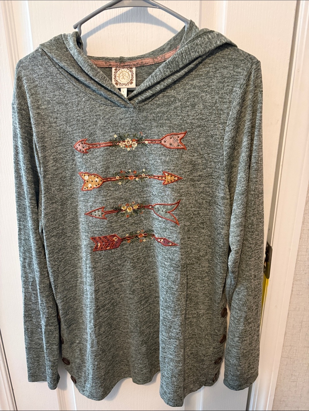 Heather Gray Hooded Top with Embroidered Arrow Details